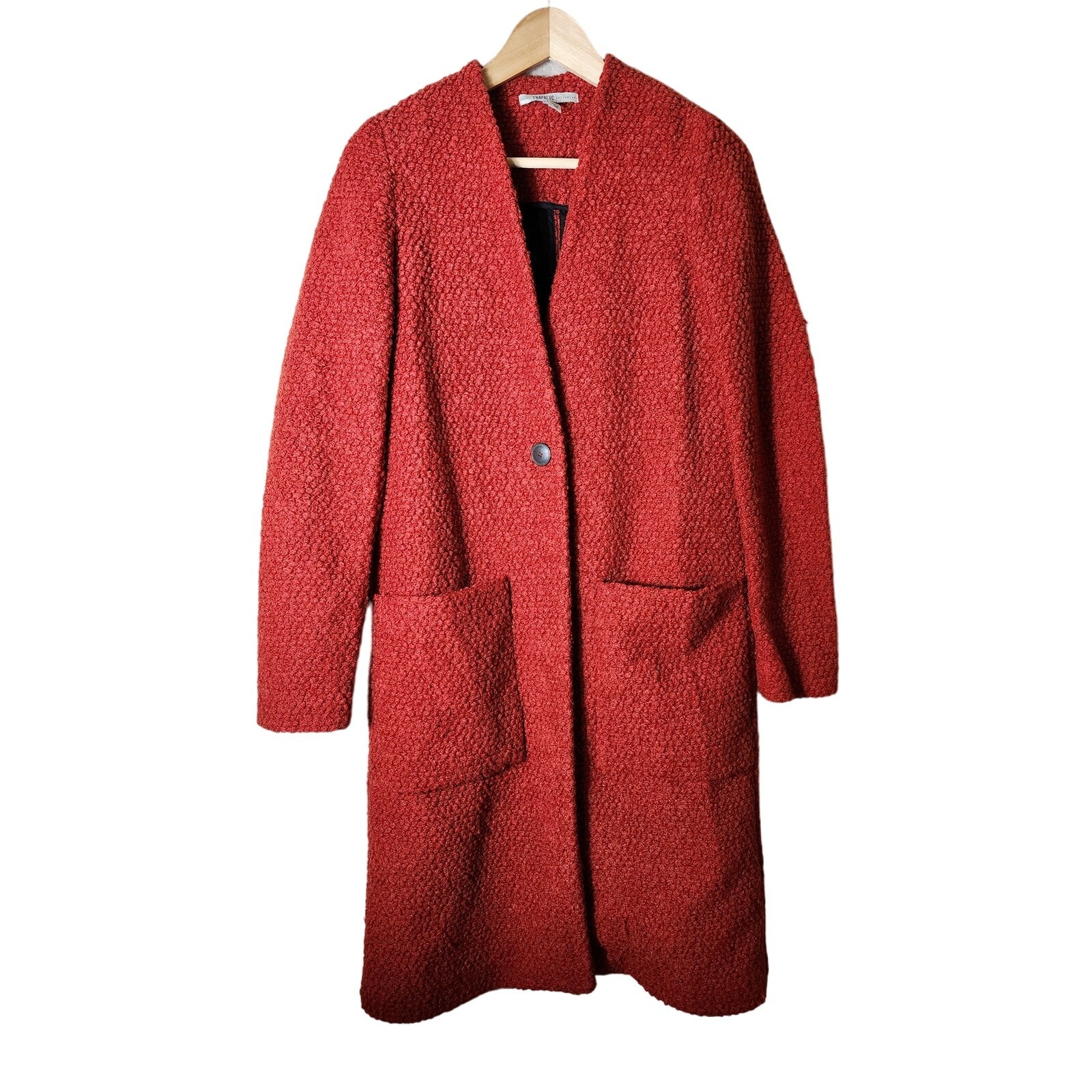 ZARA TRF Rust Red Boucle Boyfriend Coat Wool Blend Long Style SZ XS