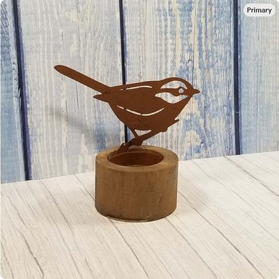 Rustic 4 1/4'' Rusty Tin Bird Cutout and Wood Tealight Candle Holder