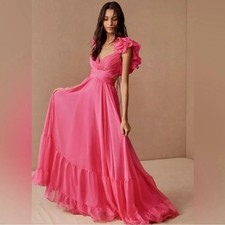 NWT MAC DUGGAL HOT PINK RUFFLE TIERED CUT OUT CHIFFON LONG GOWN 67911 SZ 0