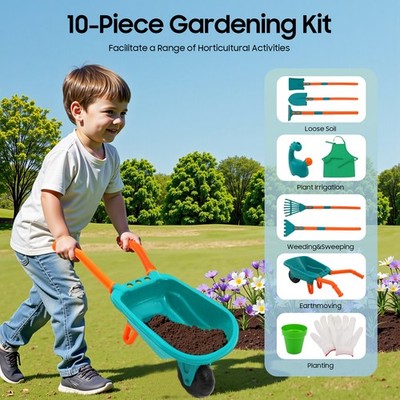 10 Piece Set Of Children's Garden Tool Set - Green Pp Shovels Rake Wheelbarrow