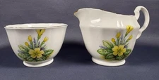 Pair Creamer and Open Sugar Bowl Yellow Flowers Adderley Fine Bone China England