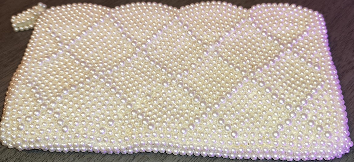 White Beaded Satin Bridal Clutch Bag with Pearl Embellishments