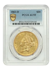 1861-O $20 PCGS AU55 - Liberty Head $20