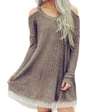 Hayden Cold Shoulder Brown Sweater Swing Dress with Lace Hemline Women’s Large