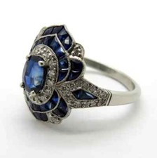 1.0Ct Art Deco Style Old European Cut Sapphire  Lab-Created Diamond Silver Ring