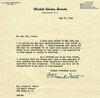 RARE!  New Jersey Senator'' Howard Alexander Smith Hand Signed TLS Dated 1946