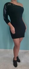 Mini Black Dress BELLATRIX One Shoulder Embellished Sequins Beads Medium 