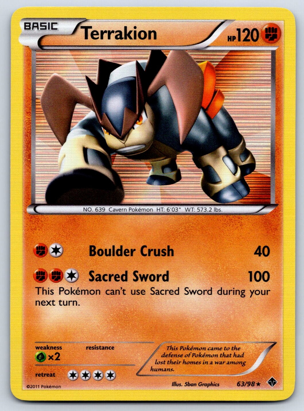 Terrakion - Holo Rare - Emerging Powers 63/98 Black White Pokemon Card NM