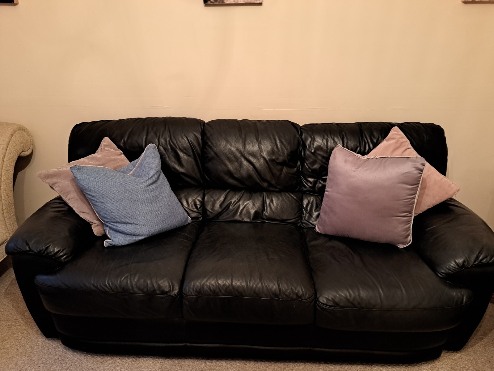 3 seater black leather sofa eBay