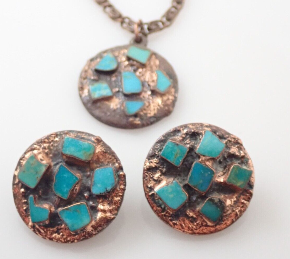 Vintage Solid Copper Bell Signed Turquoise Pendan… - image 2