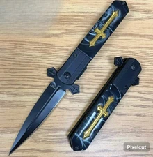 9"  Marble Black Golden Celtic Cross Spring Assisted Folding Pocket Knife