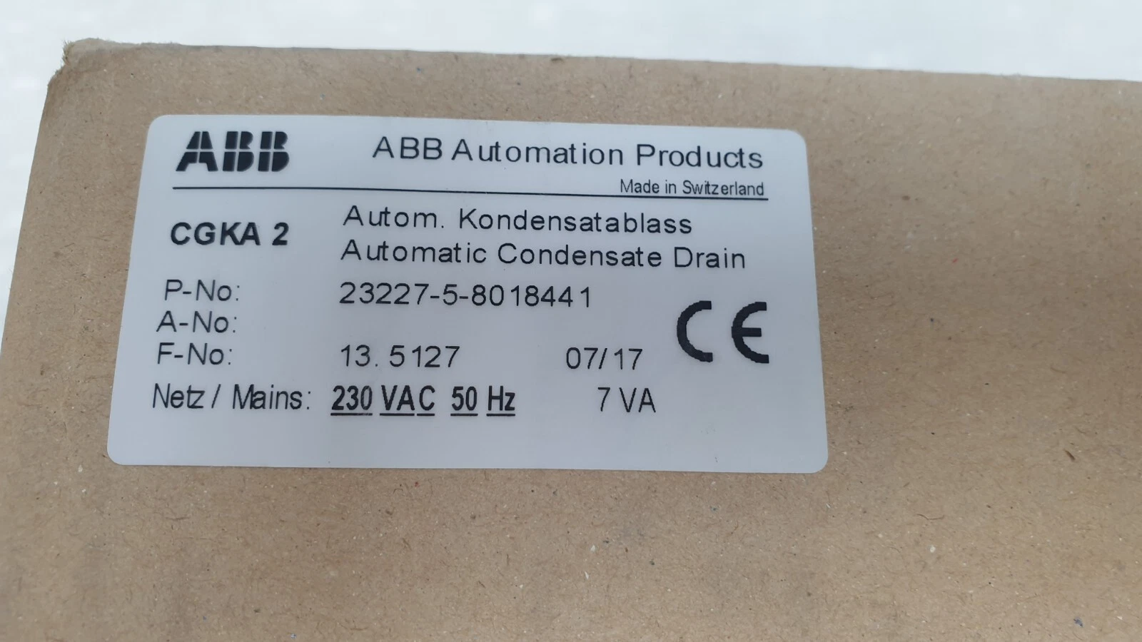 ABB box label: CGKA 2, Automatic Condensate Drain, P-No 23227-5-8018441, 230 VAC 50 Hz 7 VA