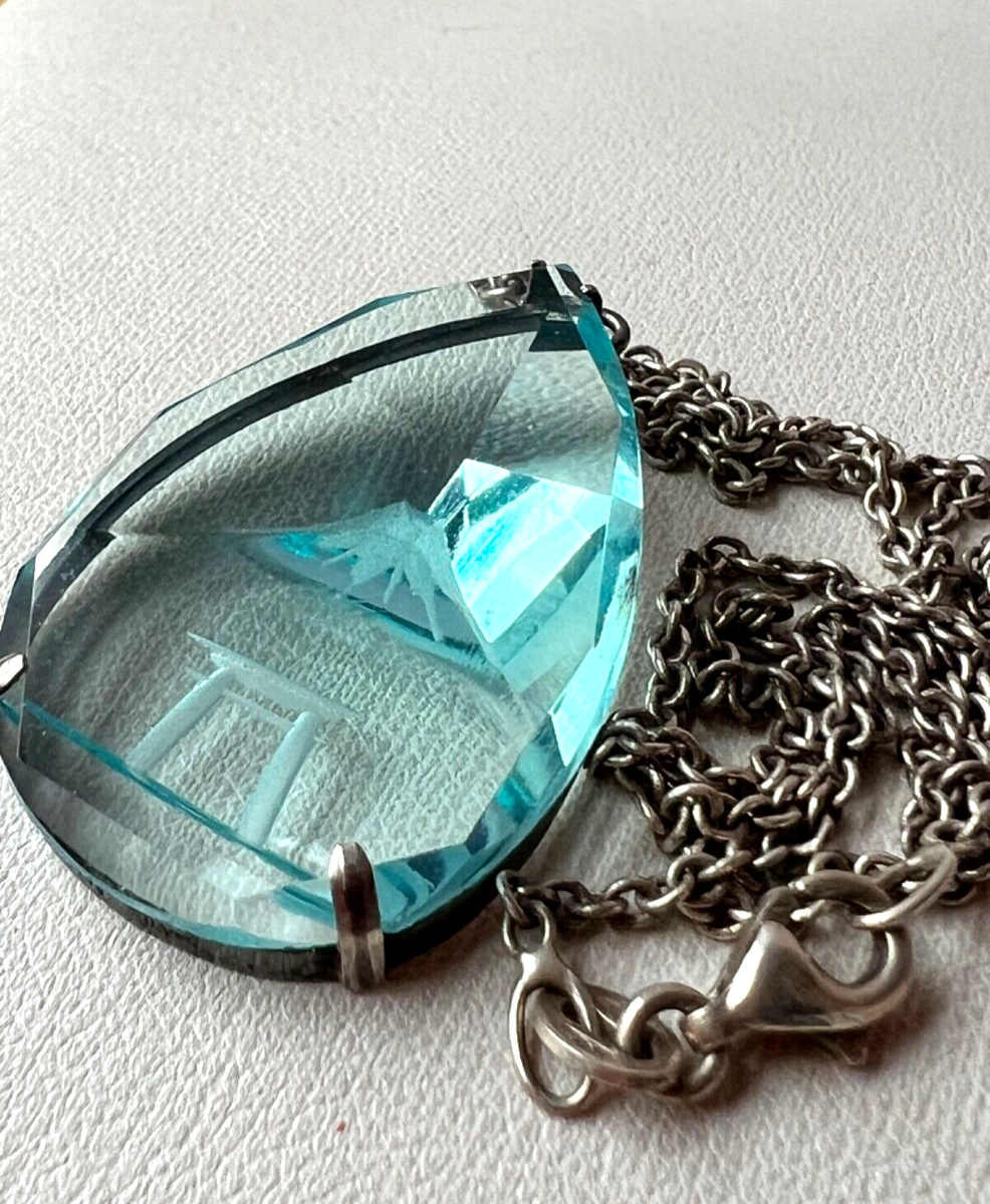 VINTAGE JAPAN MOUNT FUJI AQUAMARINE COLOR ETCHED CRYSTAL GLASS STERLING  NECKLACE