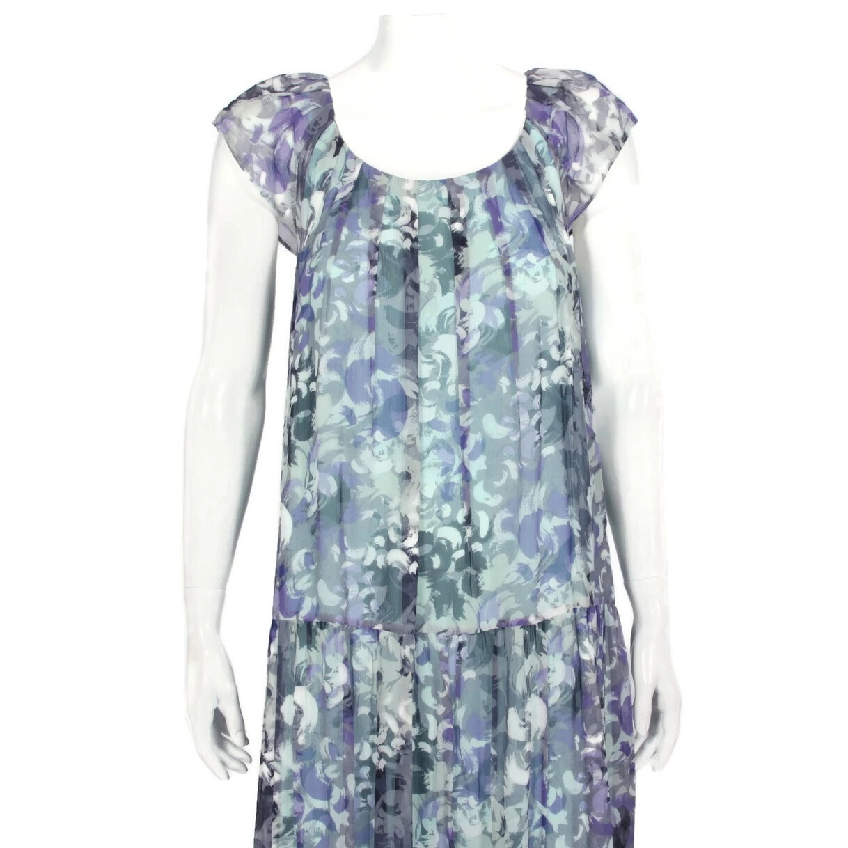 Maxi abito KATE SPADE floreale grigio blu seta chiffon plissettato cappuccio manica tg 4 980