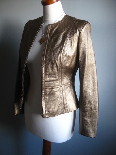 M&S gold leather JACKET COAT metallic antique 8 10 bolero cropped party real