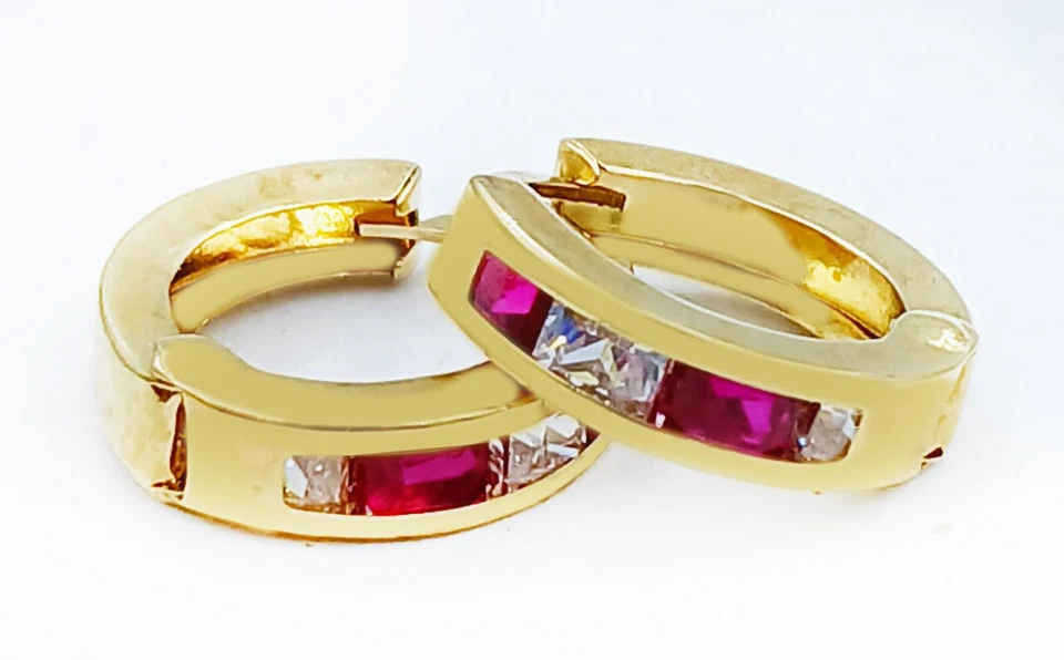 LAB CREATED RUBY & WHITE SAPPHIRE HUGGIE EARRINGS 14K GOLD - Made in USA - NWT - Image 3 of 4