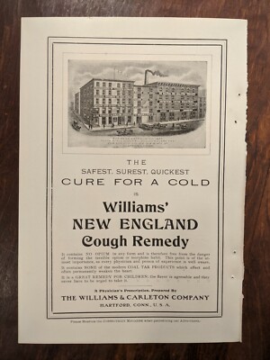 1903 William's New England Cough Remedy Hartford Ct. Vintage Print Advertisement