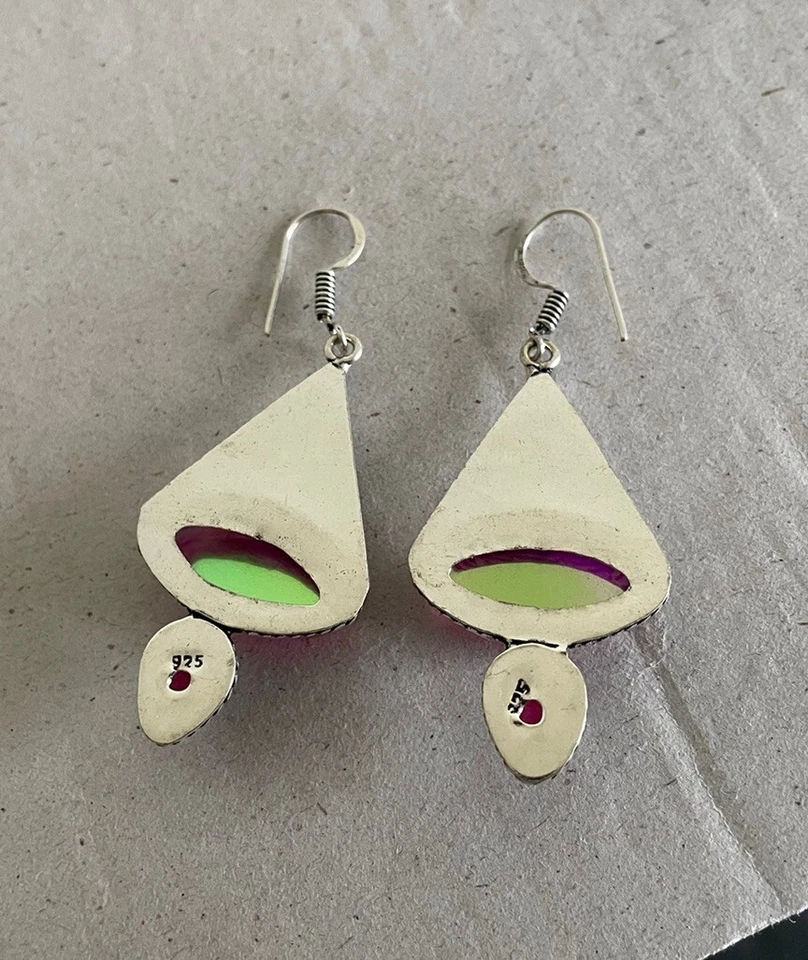 Pendientes Artesanales Topacio Arco Iris Fuego y Topacio Rosa - Nuevos - Chapados en Plata 925 Foto 3 de 3