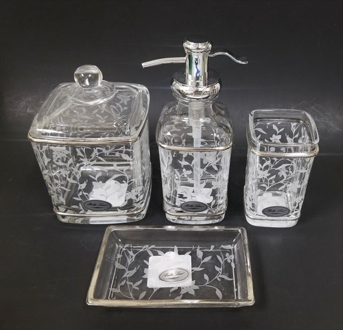 BELLA LUX 4 PC Vetro, Bianco Floreale, Foglia, Argento Sapone Dispenser, Jar , - Foto 3 di 7