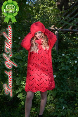 New Hand Knitted NO Mohair Sweater DRESS SET with HAT MEGA Thick 100% WOOL RED 