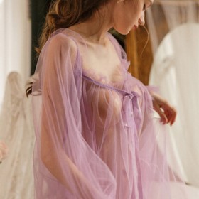 Sexy Lingerie Women Long Lace Kimono Robe Dress Sheer Gown See-Through Sleepwear