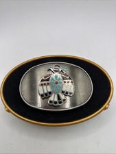 VINTAGE TURQUOISE INLAID PEYOTE BIRD SILVER BELT BUCKLE