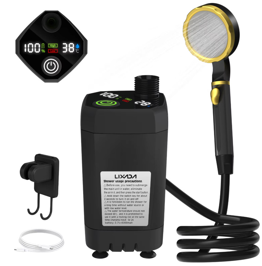 Douche de jardin et camping portable noire Premium écran LED batterie 6000mAh