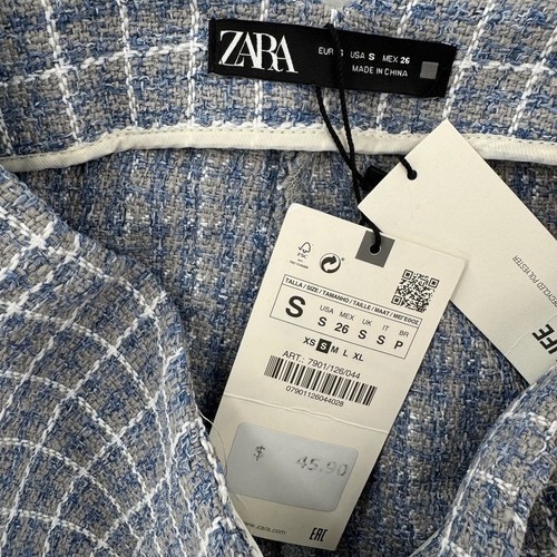 Zara Shorts Womens Small Blue White Plaid High Waist Tweed Button Front New - Picture 4 of 7
