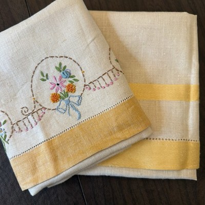 2 Vintage White 100% Crisp Linen Hand Towel Floral Embroidery 34  LG Antique Wow