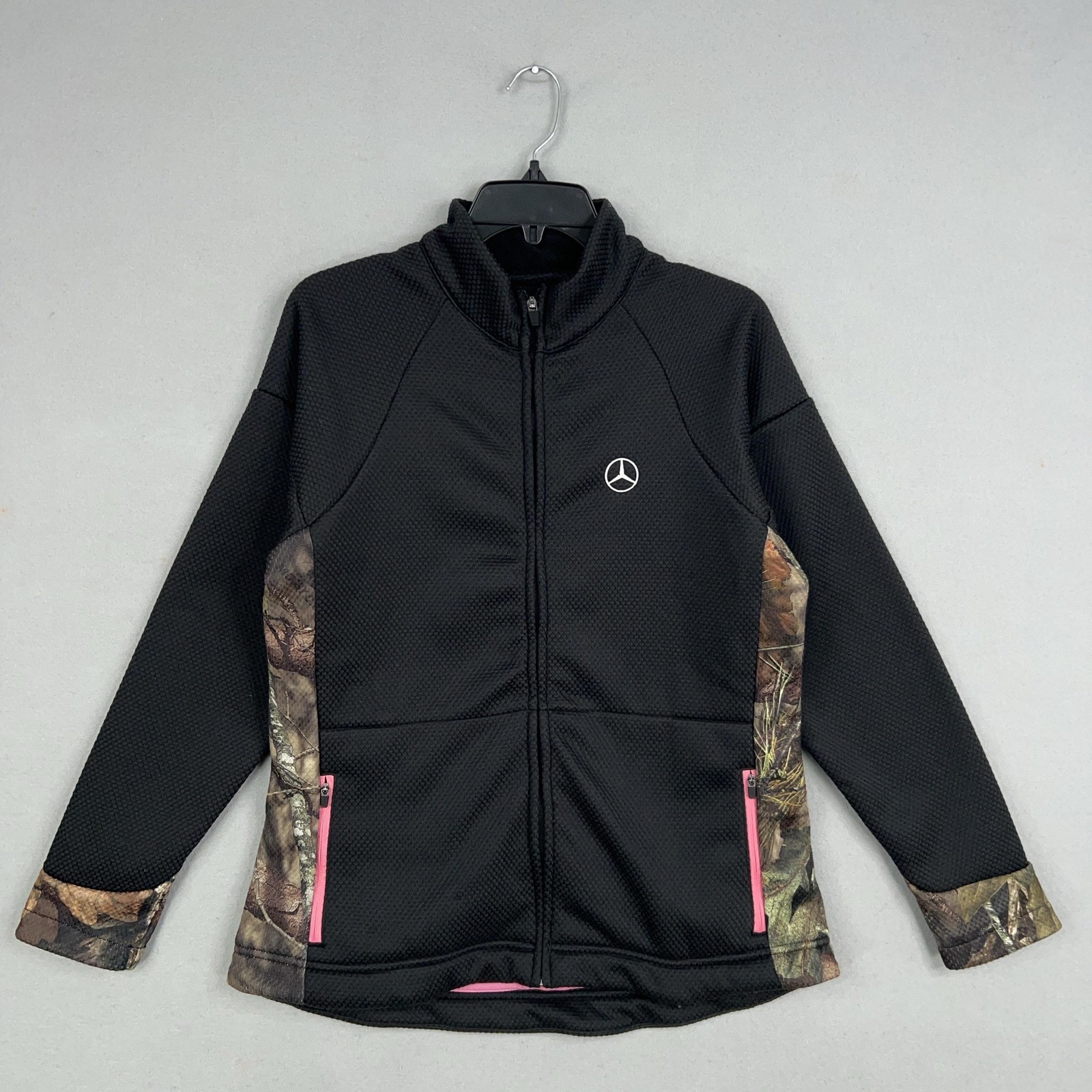 Mercedes Benz Jacket Womens Large Black Camo Pink Trim Full Zip USA Collection