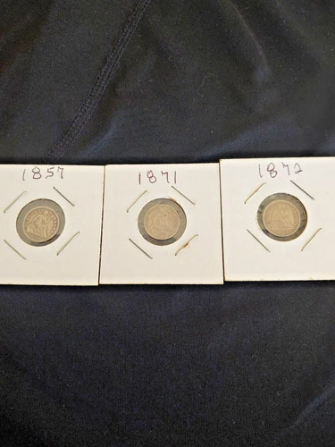 ST OF 3 Good Ungraded Seated Liberty Half Dimes:   1857, 1871, 1872