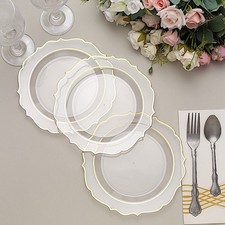 20 CLEAR 8" Round Plastic Dinner Plates GOLD Scalloped Rim Events Wedding