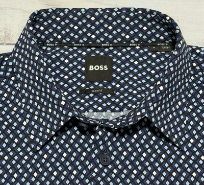 Hugo Boss Shirt Mens M Blue Slim Fit Geometric Roan Kent Long Sleeve Button Down