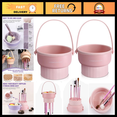 2 Pack Silicone Makeup Brush Cleaner Mat & Bowl Set - 3 in 1 Scrubber Tool, Pink