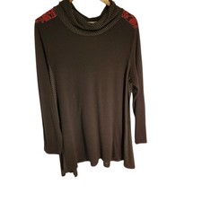 NorthStyle XL Gray Red Burnout Floral Knit Tunic Cowl Neck USA Made Stretch Top