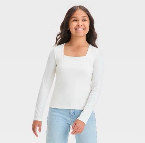 Mädchenpullover weiß creme gerippt quadratischer Ausschnitt Kunstklasse Größe Large NEU