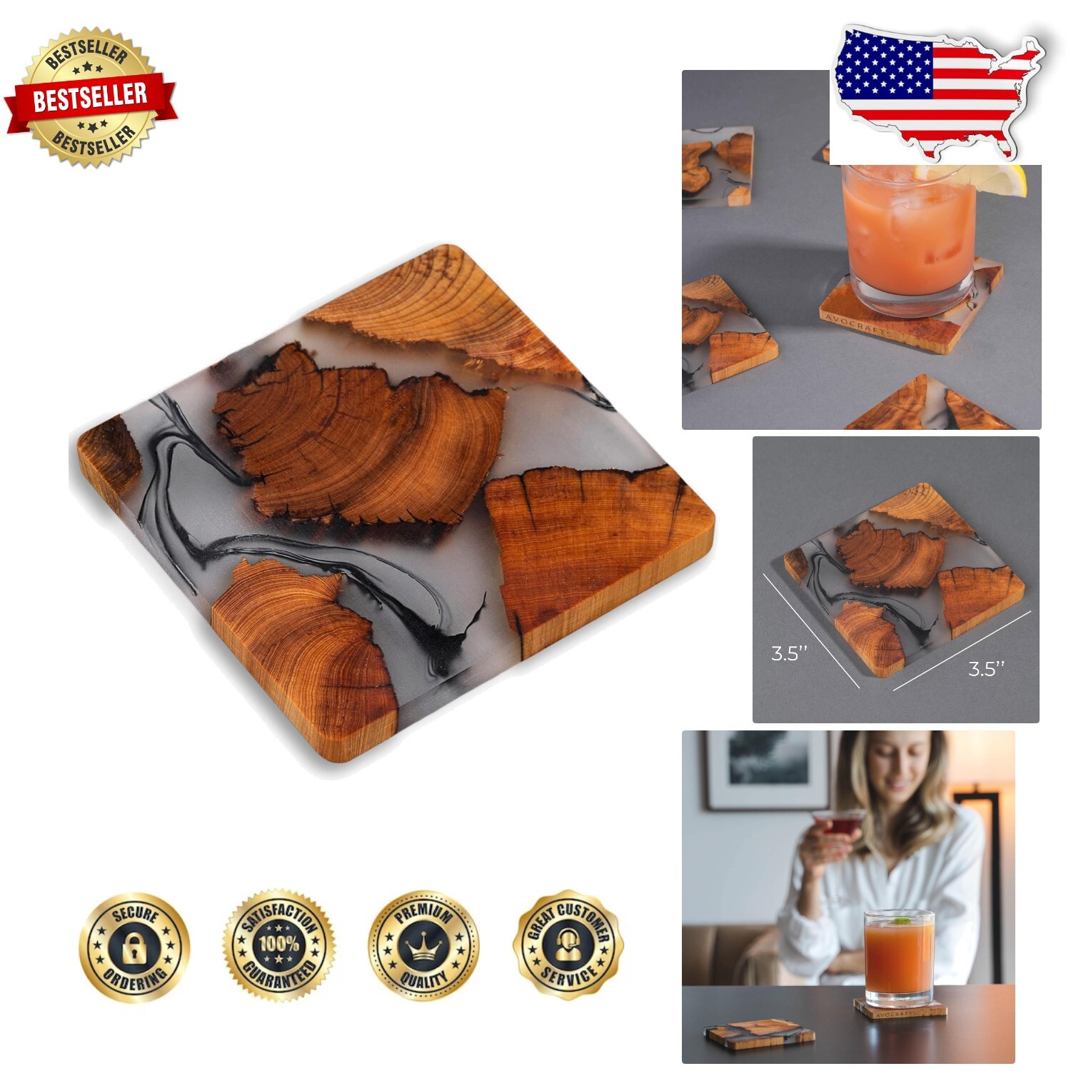 Elegant Set of 6 Handcrafted Cedar Wood and Epoxy Coasters - Stylish Protection-image
