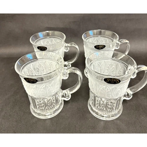 Frosted Glass Mugs with Handles Crystal Clear Studios Japan Set of 4
