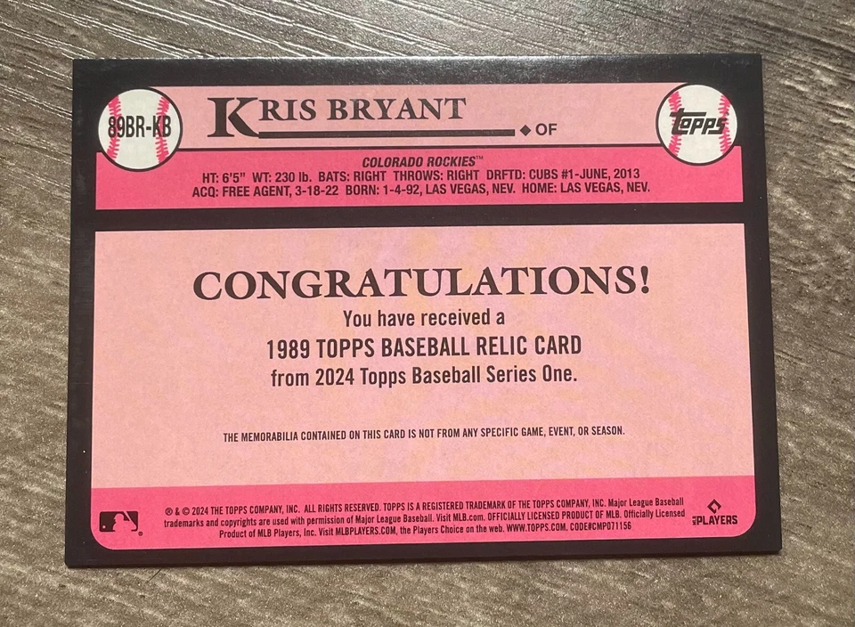 2024 Topps Series 1 Kris Bryant 1989 Topps Baseball Bat Relic #89BR-KB Rockies - Image 2 of 2