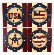 4th of July Rustic Plaques with Red White Blue USA Flag Stars  Stripes Set of 4
