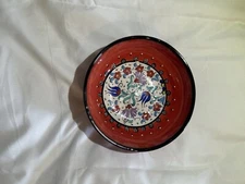 Handmade Turkish Pottery Bowl Raised Embellished Paint Red No Chips Very Pretty