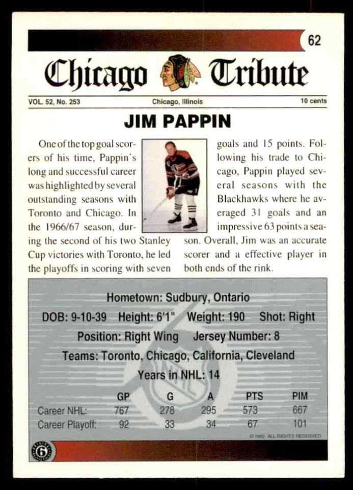 1991-92 Ultimate Original 6 Signed #62 Jim Pappin Autographed Card - Image 2 of 2