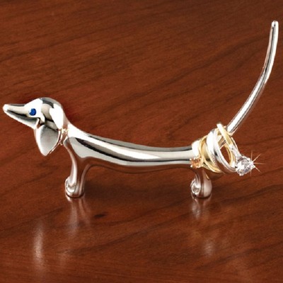DELUXE SILVER-PLATED DACHSHUND RING HOLDER DOXIE 4-1/2'' Long BLUE CRYSTAL EYES