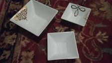 Set of 3 Macy's The Cellar Creamware Square White Bowls With Gold Pattern On 2