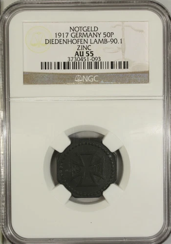 Germany 50 Pfennig 1917 NGC AU 55 Zinc City of  Diedenhofen, Lamb-90.1 Notgeld