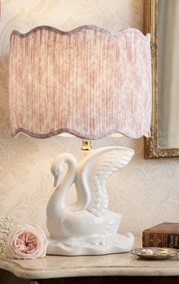 White Ceramic Swan Table Lamp w/ Pink Fabric Shade, Corded Wall Switch