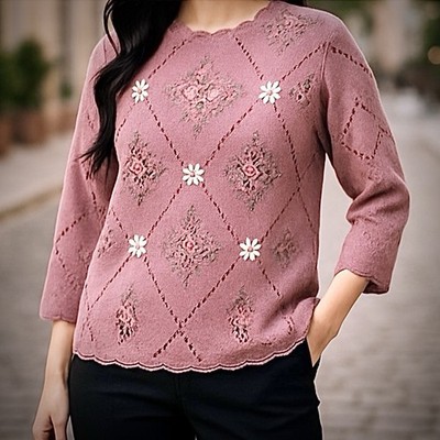 Sarah Morgan Sweater L NWT Pearl Ribbon Embroidery Vintage Cocotte