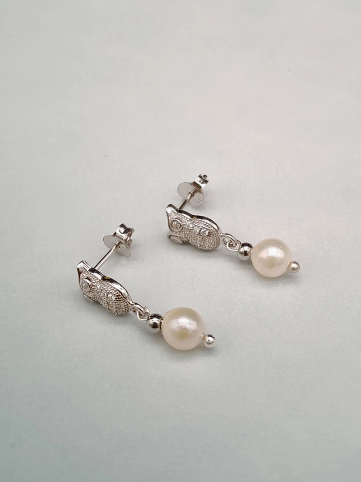 Orecchini donna a lobo argento bianco 925 perla vera naturale gufetto - Immagine 4 di 4