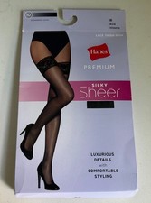 Hanes Premium Silky Sheer Lace Top Thigh Highs Black Size Medium NEW