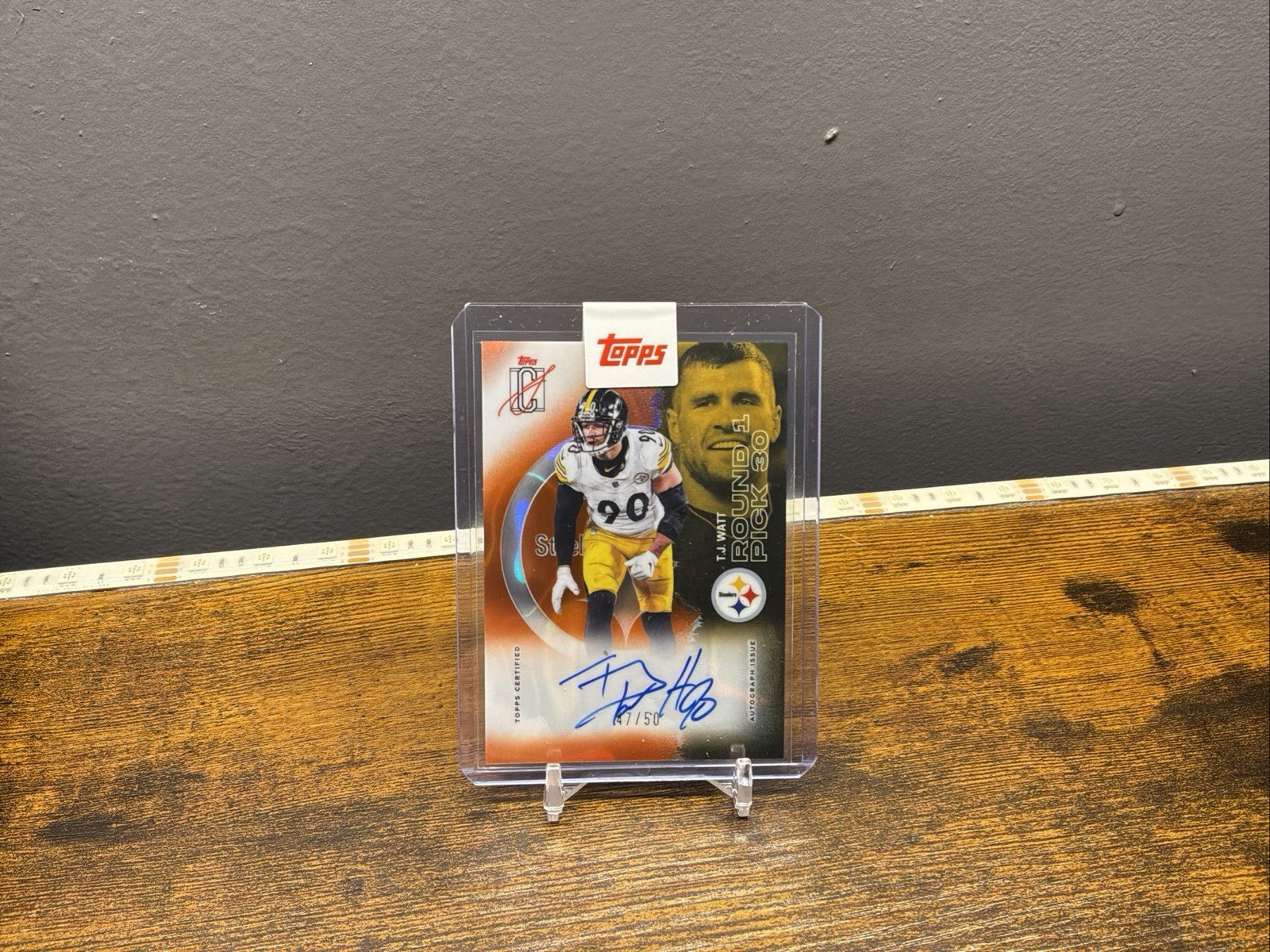 2025 Topps Signature Class Veteran. On Card Auto Orange Lava T.J. Watt 47/50 #96